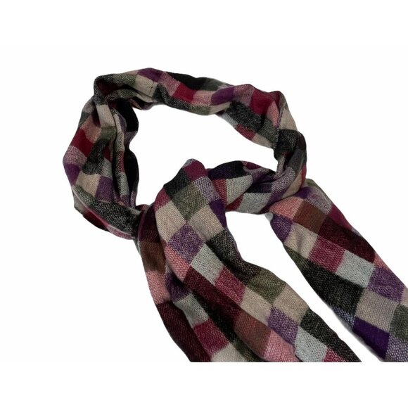 Plaid Woven Scarf With Fringe Ends In Red Purple & Green SUPER SOFT - Picture 1 of 3